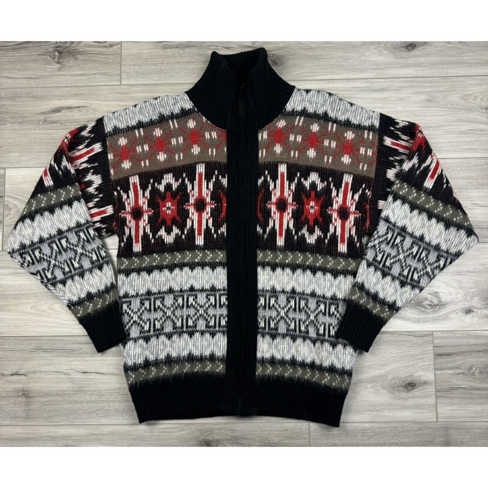 Vtg Nordic Fair Isle Aztec‎ Southwestern Zip Up Thick Knit Sweater Cardigan Sz M